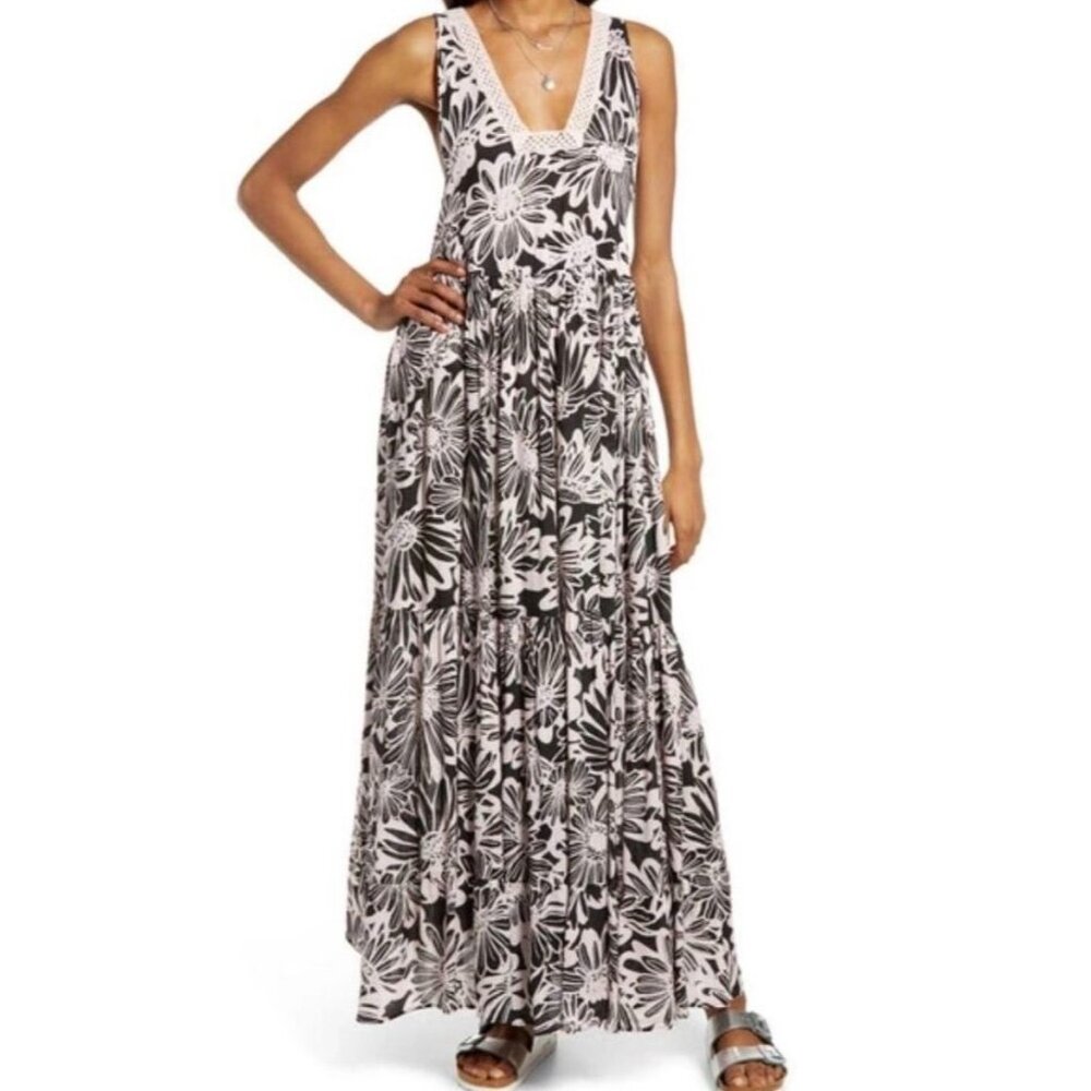 Free People Tieres For You Maxi Dress Size Medium Floral Lace Trim Pink Black